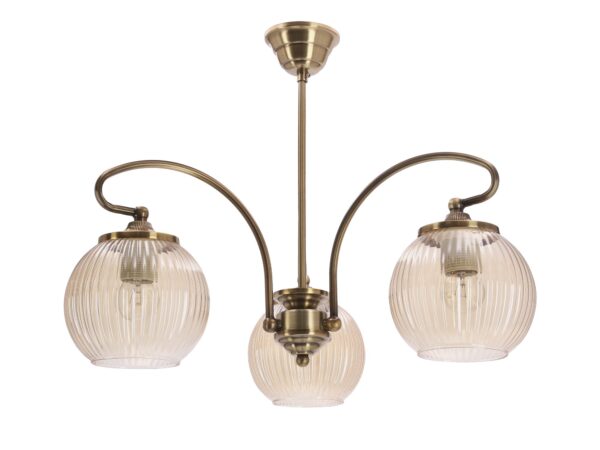 Lampa wisząca Isavia trzy bursztynowe klosze stare złoto na białym tle