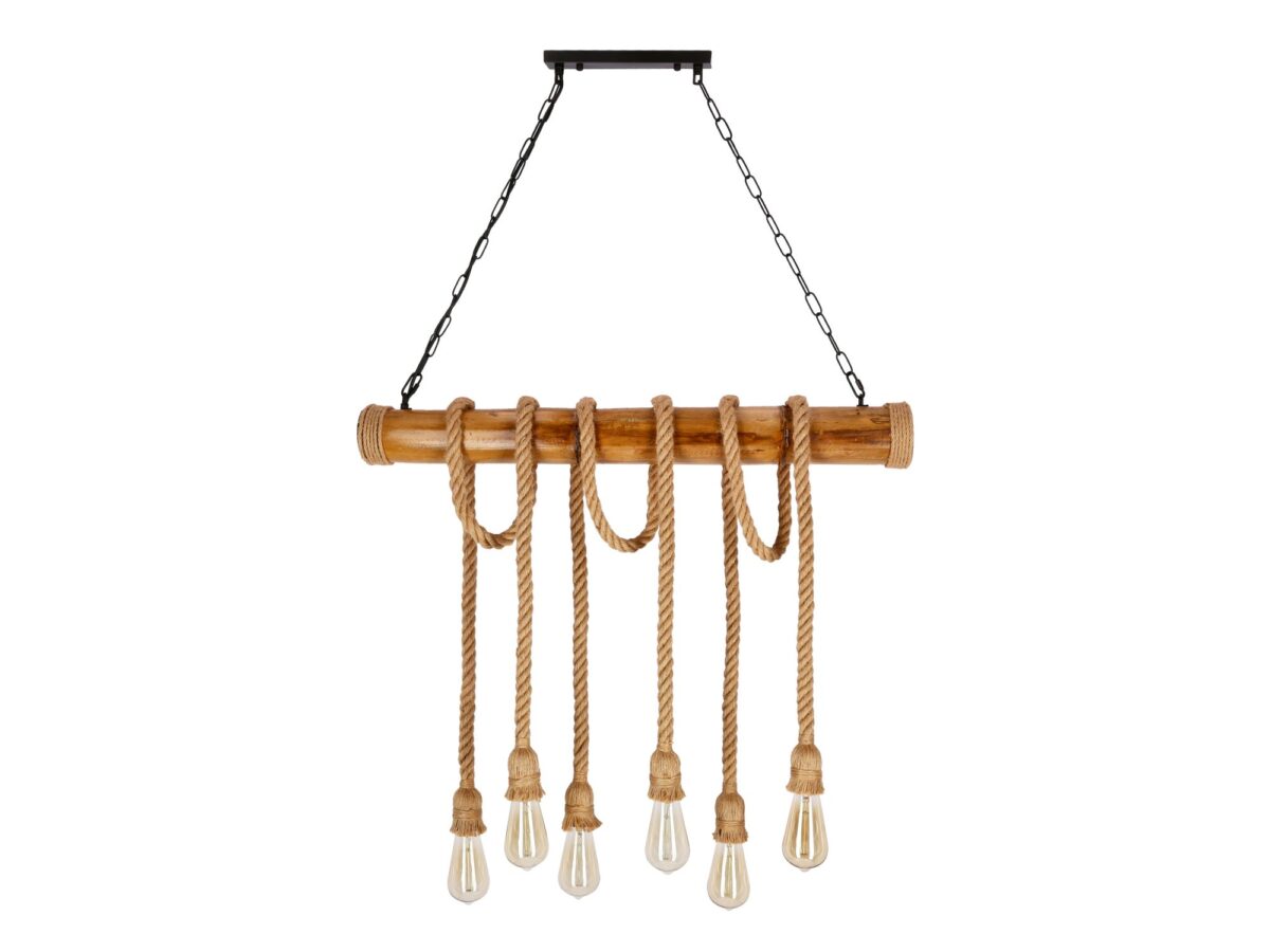 Lampa wisząca Isemia z drewnianą belką i 6 linami konopnymi