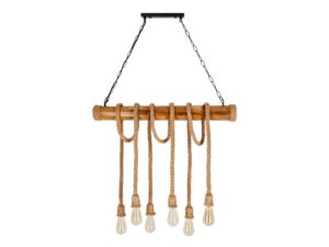 Miniaturka 2 - Lampa wisząca Isemia z drewnianą belką i sześcioma przewodami w oplocie konopnym