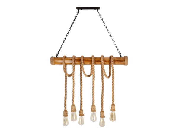Lampa wisząca Isemia z drewnianą belką i sześcioma przewodami w oplocie konopnym
