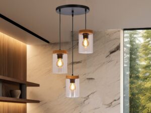 Miniaturka 1 - Lampa wisząca Isilona w jadalni nad stołem – trzy szklane klosze