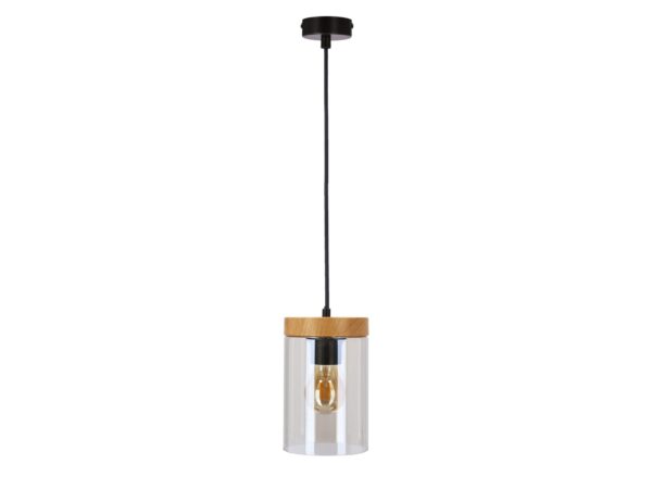 Lampa wisząca Isilona z czarnym przewodem drewnianą obręczą i przydymionym szkłem