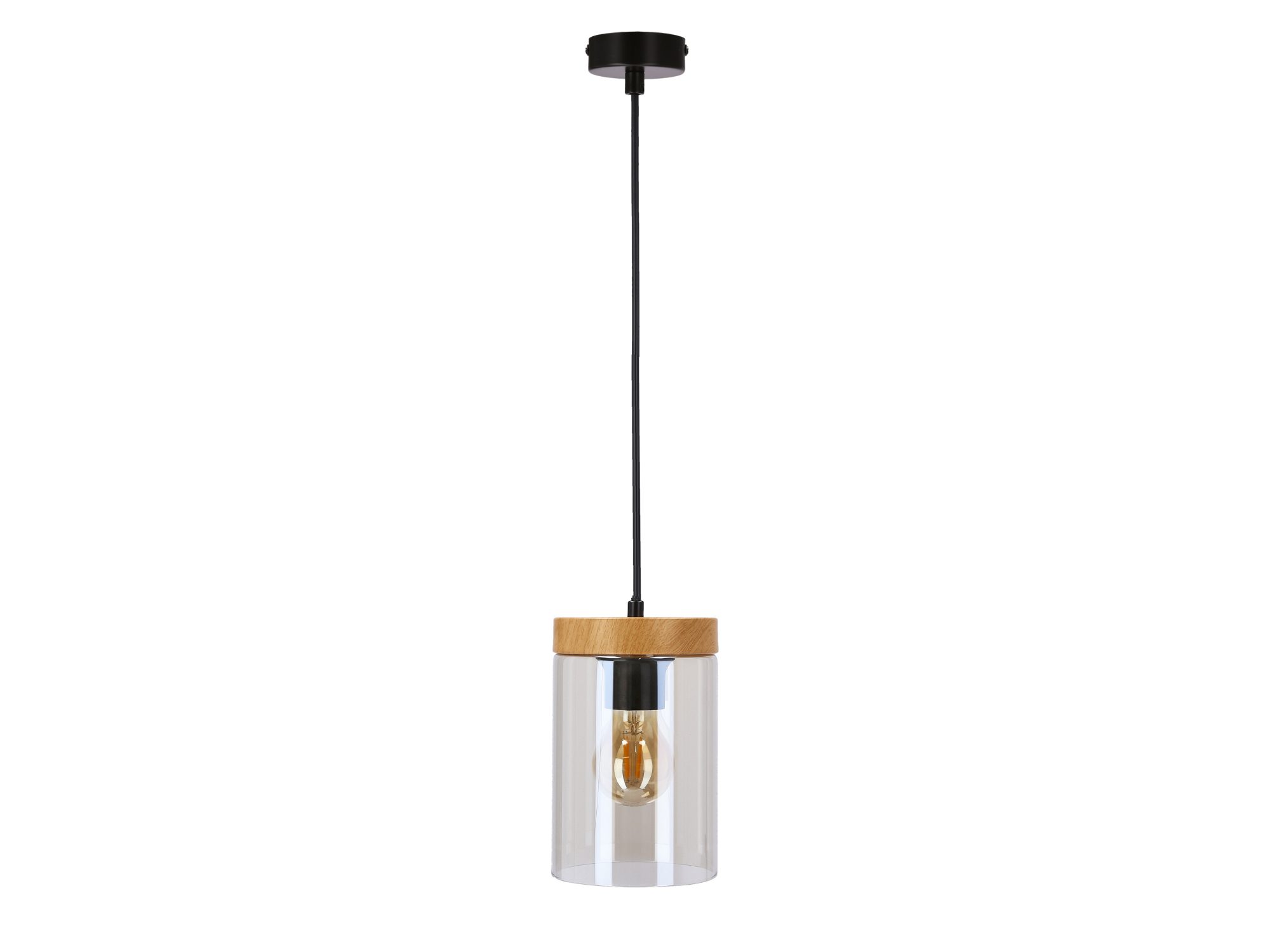 Lampa wisząca Isilona z czarnym przewodem drewnianą obręczą i przydymionym szkłem
