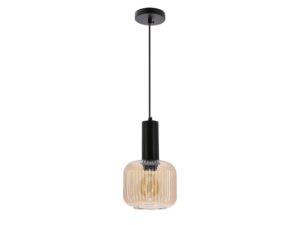 Miniaturka 2 - Lampa wisząca Isirela z jednym ryflowanym kloszem w bursztynowym szkle i czarną oprawą