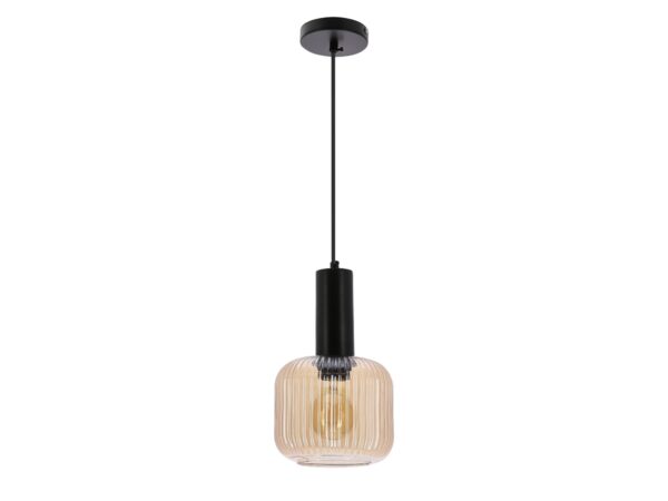 Lampa wisząca Isirela z jednym ryflowanym kloszem w bursztynowym szkle i czarną oprawą
