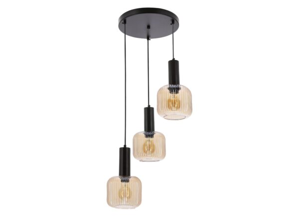 Lampa wisząca Isirela z trzema bursztynowymi ryflowanymi kloszami i czarną rozetą