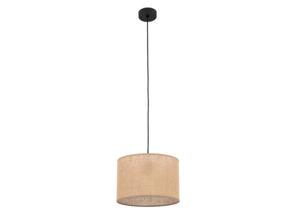 Lampa wisząca Juta 30 cm z jednym brązowym jutowym abażurem i czarną konstrukcją na białym tle
