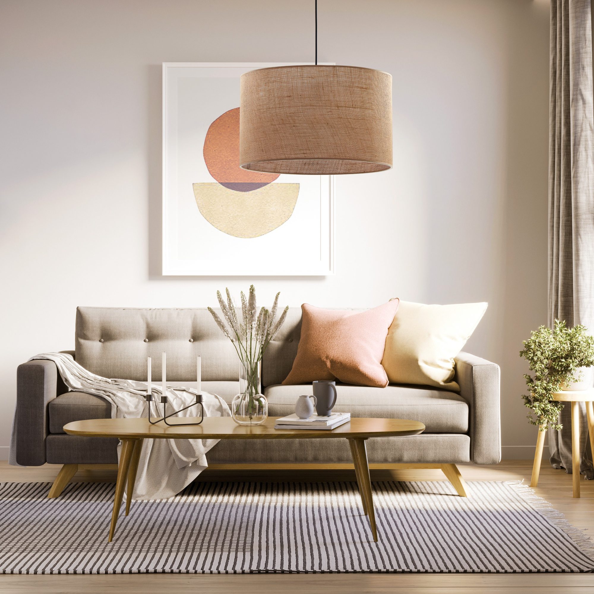 Lampa wisząca Juta z trzema brązowymi abażurami w aranżacji salonu