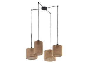 Miniaturka 2 - Lampa wisząca Juta 4-punktowa z czterema brązowymi abażurami i czarnym zawieszeniem, białe tło