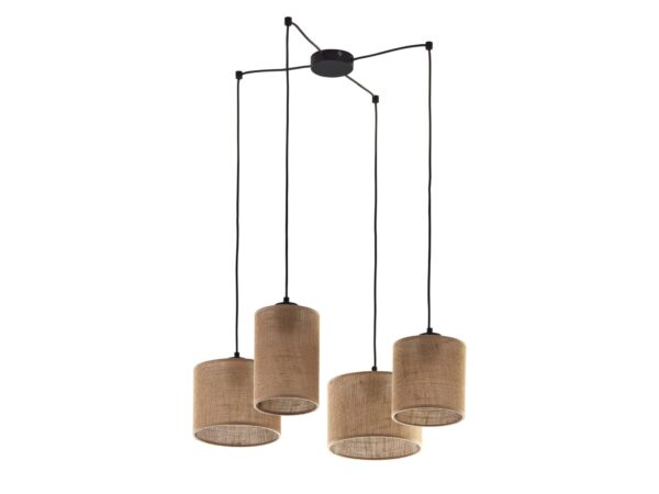 Lampa wisząca Juta 4-punktowa z czterema brązowymi abażurami i czarnym zawieszeniem, białe tło