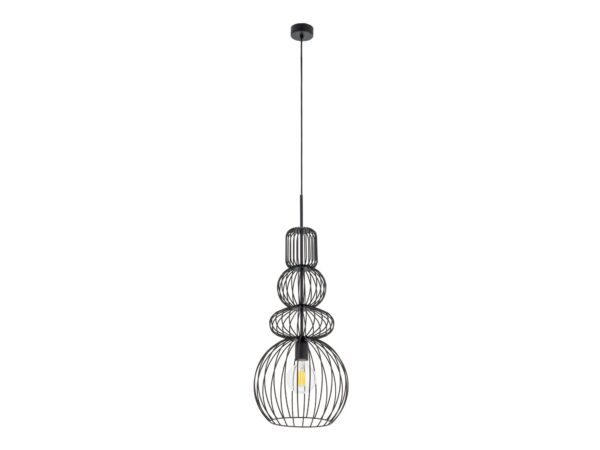 Czarna lampa wisząca Kago z ozdobnym kloszem z metalowych prętów na białym tle