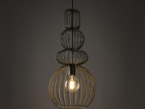 Miniaturka 5 - Lampa wisząca Kago oliwkowa z zapaloną żarówką i metalową siatką klosza