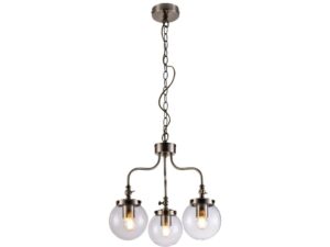 Miniaturka 4 - Lampa wisząca Kalaveta patyna z trzema przezroczystymi szklanymi kloszami na białym tle