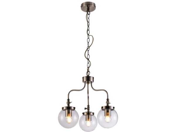 Lampa wisząca Kalaveta patyna z trzema przezroczystymi szklanymi kloszami na białym tle