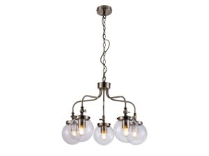 Miniaturka 4 - Lampa wisząca Kalaveta w patynie z pięcioma przezroczystymi szklanymi kloszami