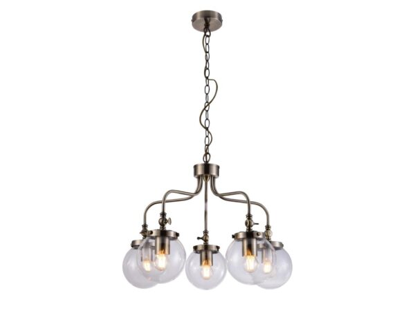 Lampa wisząca Kalaveta w patynie z pięcioma przezroczystymi szklanymi kloszami