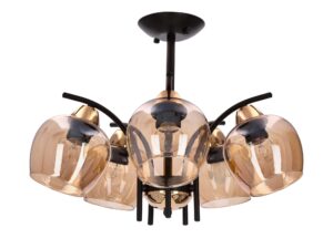 Miniaturka 2 - Lampa wisząca Kalimina z pięcioma bursztynowymi szklanymi kloszami na czarnym stelażu