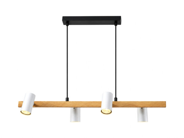 Lampa wisząca Kalita z drewnianą belką i czterema białymi reflektorami