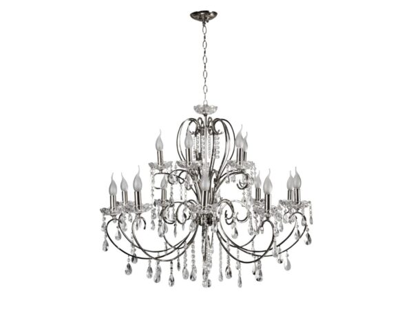 Lampa wisząca Kalomona chrom 15-punktowa z kryształowymi zawieszkami
