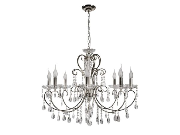 Lampa wisząca Kalomona, chromowany stelaż z kryształowymi dekoracjami na białym tle