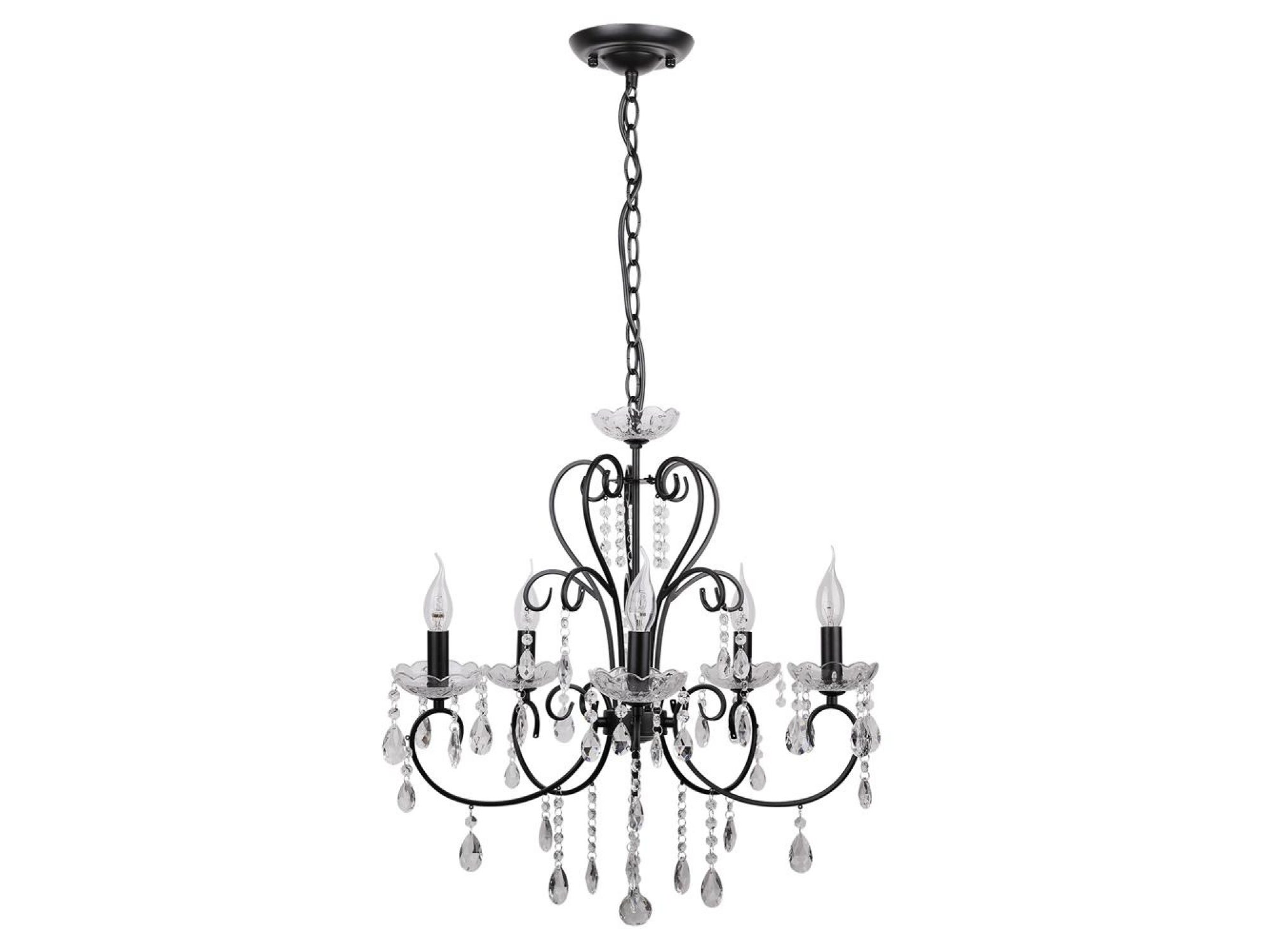 Czarna lampa wisząca Kalomona z pięcioma ramionami i szklanymi ozdobami