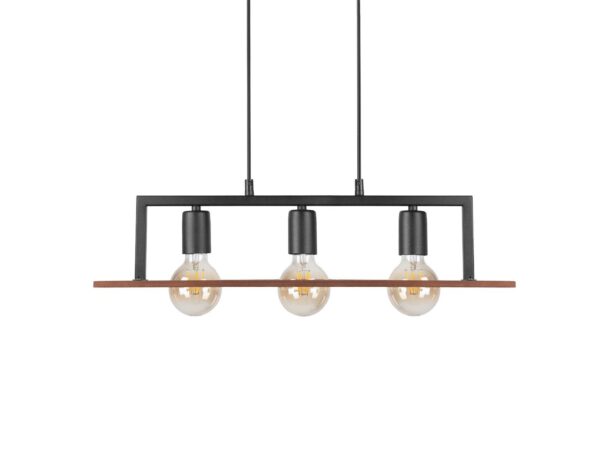 Lampa wisząca Kalorano trzy punkty E27, czarny metal i drewniana listwa na białym tle