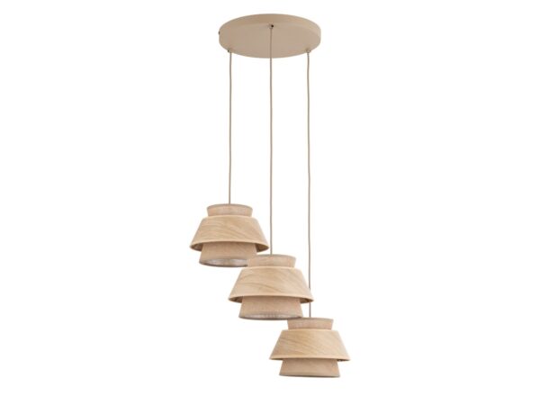 Lampa wisząca Kalum Koło Drewno z trzema warstwowymi kloszami
