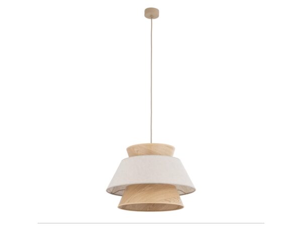 Lampa wisząca Kalum Len 38 cm z jasnym lnianym abażurem na białym tle