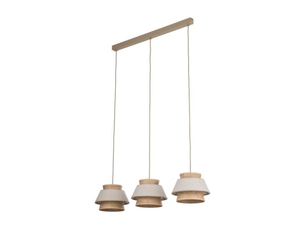 Lampa wisząca Kalum z jasnymi tekstylnymi abażurami na białym tle