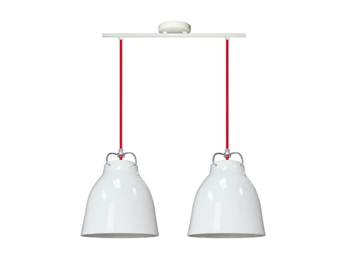 Lampa wisząca Kamerio biała 2-punktowa z czerwonym zawieszeniem