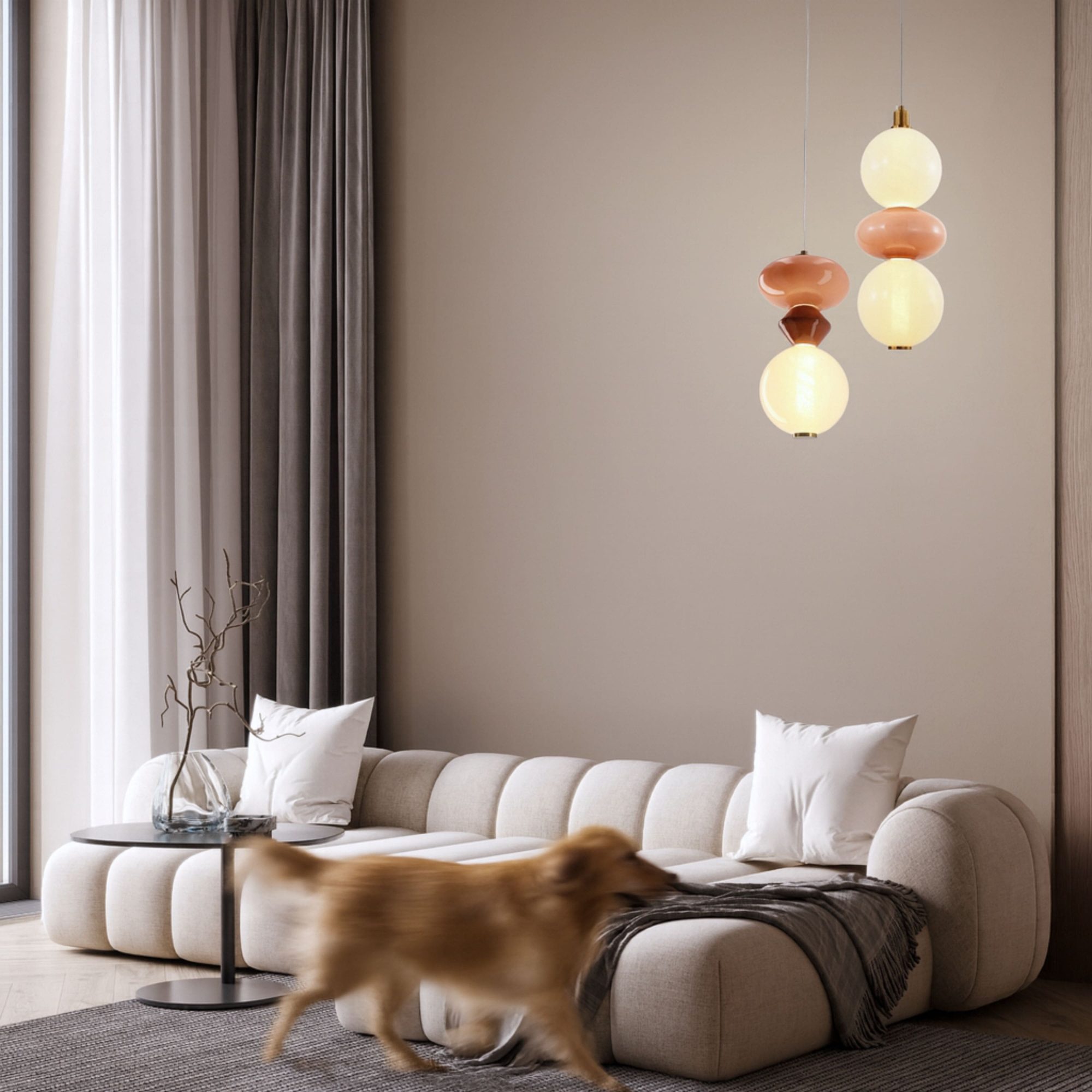 Dwie osobno sprzedawane lampy Kamesina 10 W i 7 W w aranżacji salonu