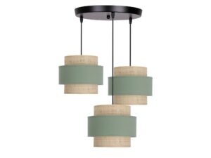 Miniaturka 3 - Lampa wisząca Kametia z trzema miętowymi abażurami i jasnym rattanem