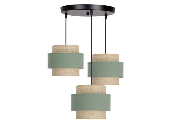 Lampa wisząca Kametia z trzema miętowymi abażurami i jasnym rattanem