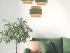 Miniaturka 1 - Lampa wisząca Kametia z miętowymi abażurami w salonie nad zieloną sofą