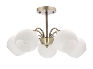Miniaturka 2 - Lampa wisząca Kamivela z pięcioma białymi szklanymi kloszami i patynowym stelażem