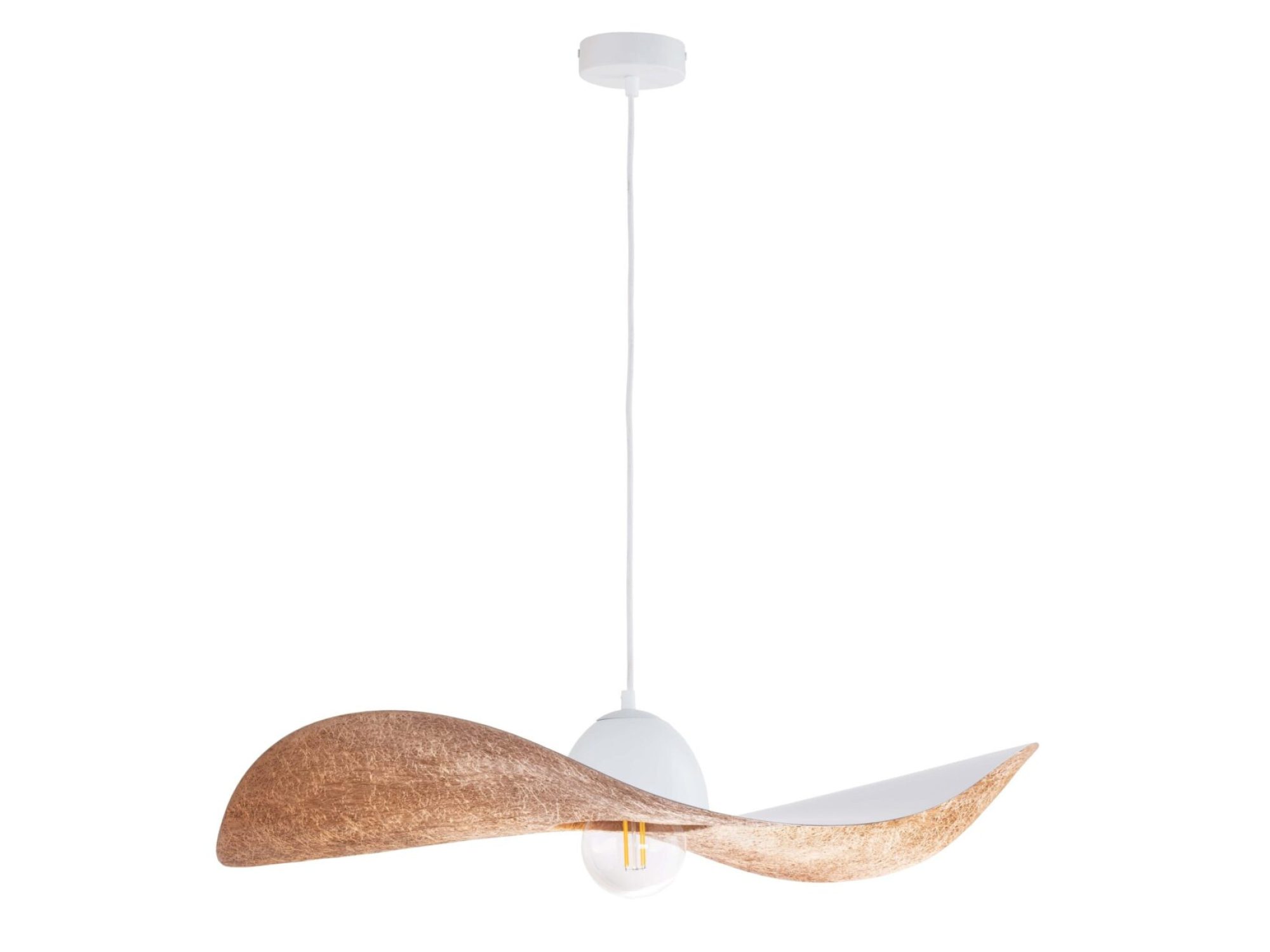 Lampa wisząca Kapello L biała z miedzianym falistym kloszem, pełny widok.