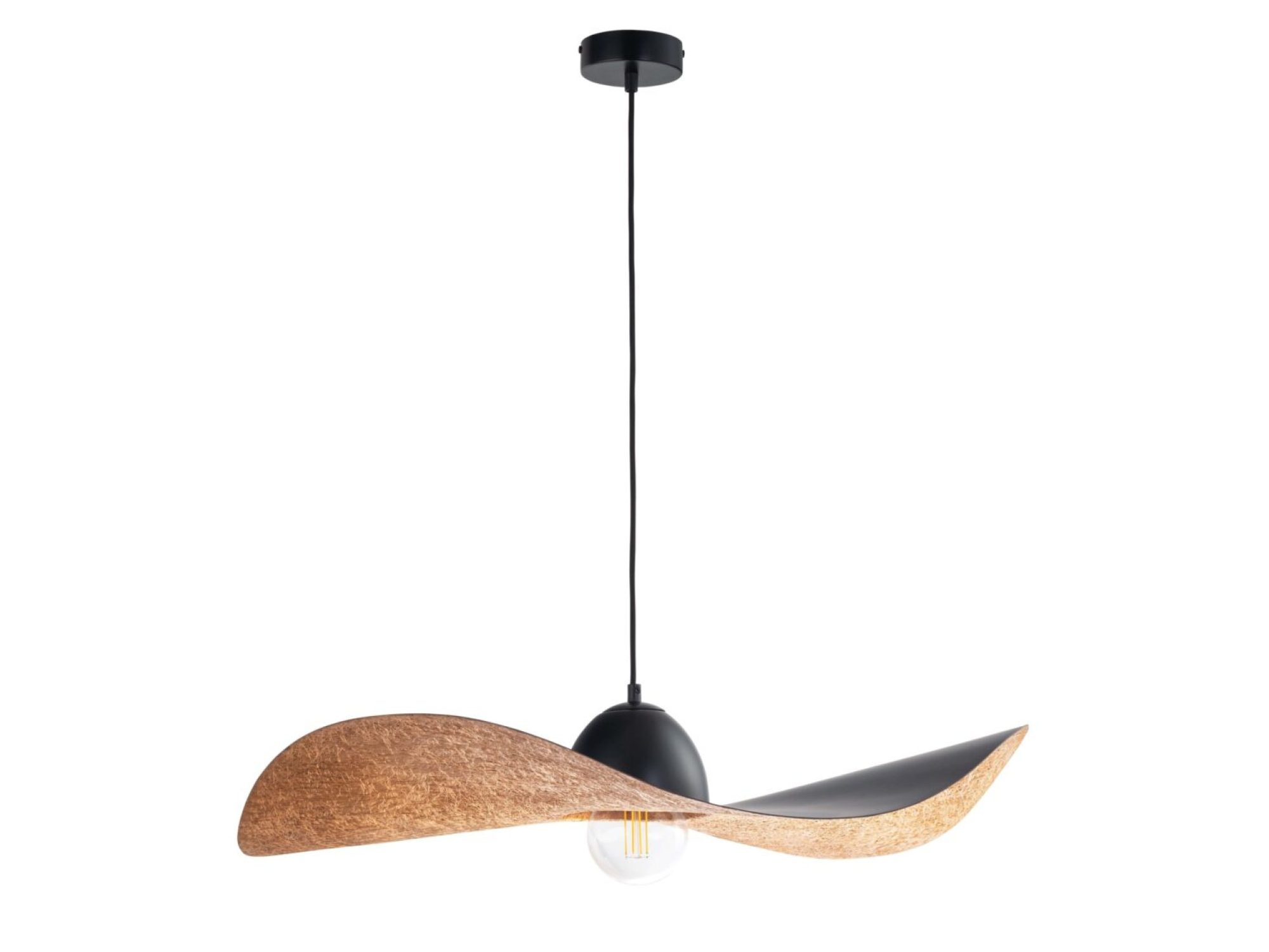 Lampa wisząca Kapello L czarno-miedziana z falistym kloszem i czarną rozetą.