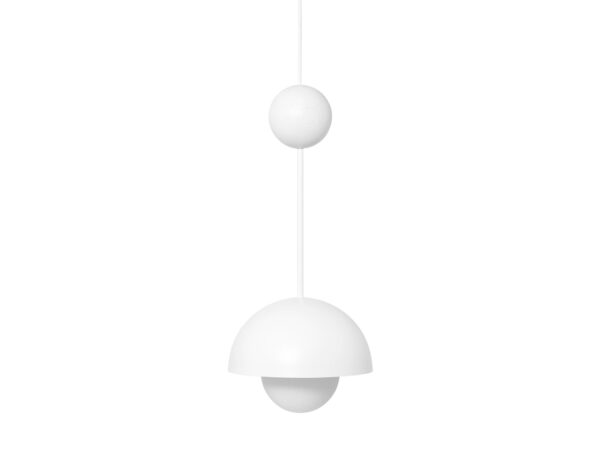 Biała lampa wisząca KELLO A z drewnianą kulą i metalową półkulą