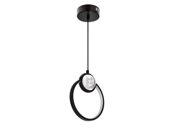 Czarna lampa wisząca Koradia z okrągłym pierścieniem i świecącym elementem.