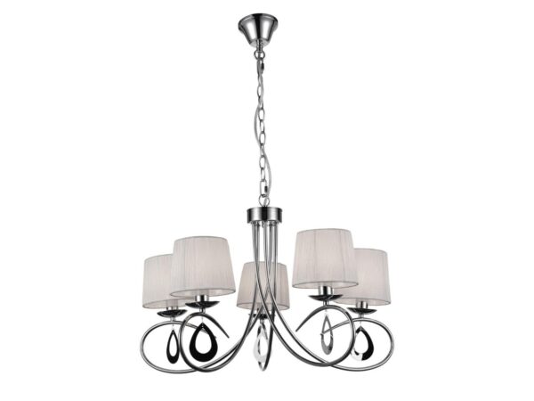 Lampa wisząca Koravo chromowana z pięcioma białymi abażurami i ozdobnymi łezkami