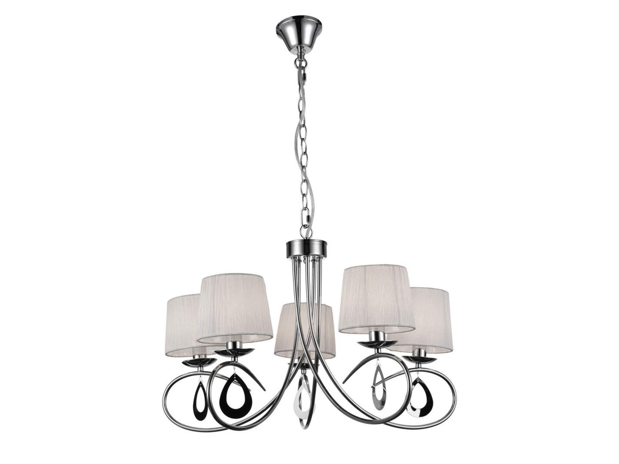 Lampa wisząca Koravo chromowana z pięcioma białymi abażurami i ozdobnymi łezkami