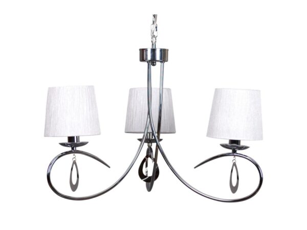 Lampa wisząca Koravo z trzema białymi abażurami i chromowanymi ramionami