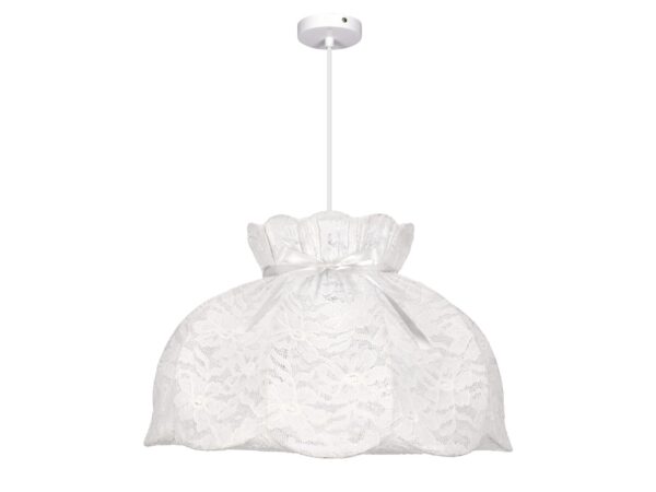 Lampa wisząca Koremona biała z koronkowym abażurem na białym tle