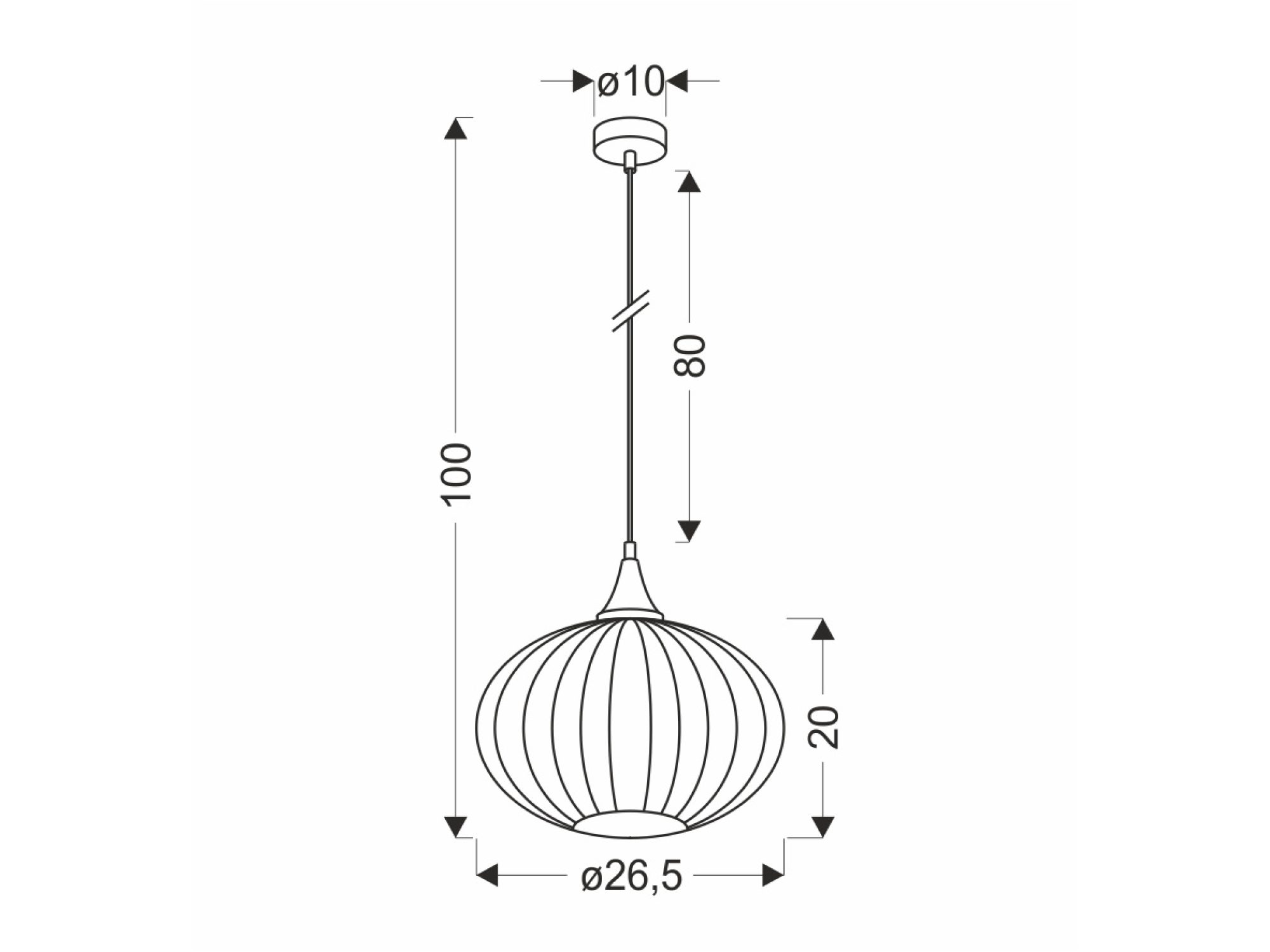 Rysunek wymiarów lampy Koriso: 100 cm i klosz 26,5 cm
