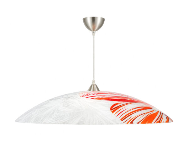 Lampa wisząca Korita z płaskim białym kloszem w czerwony wzór na białym tle