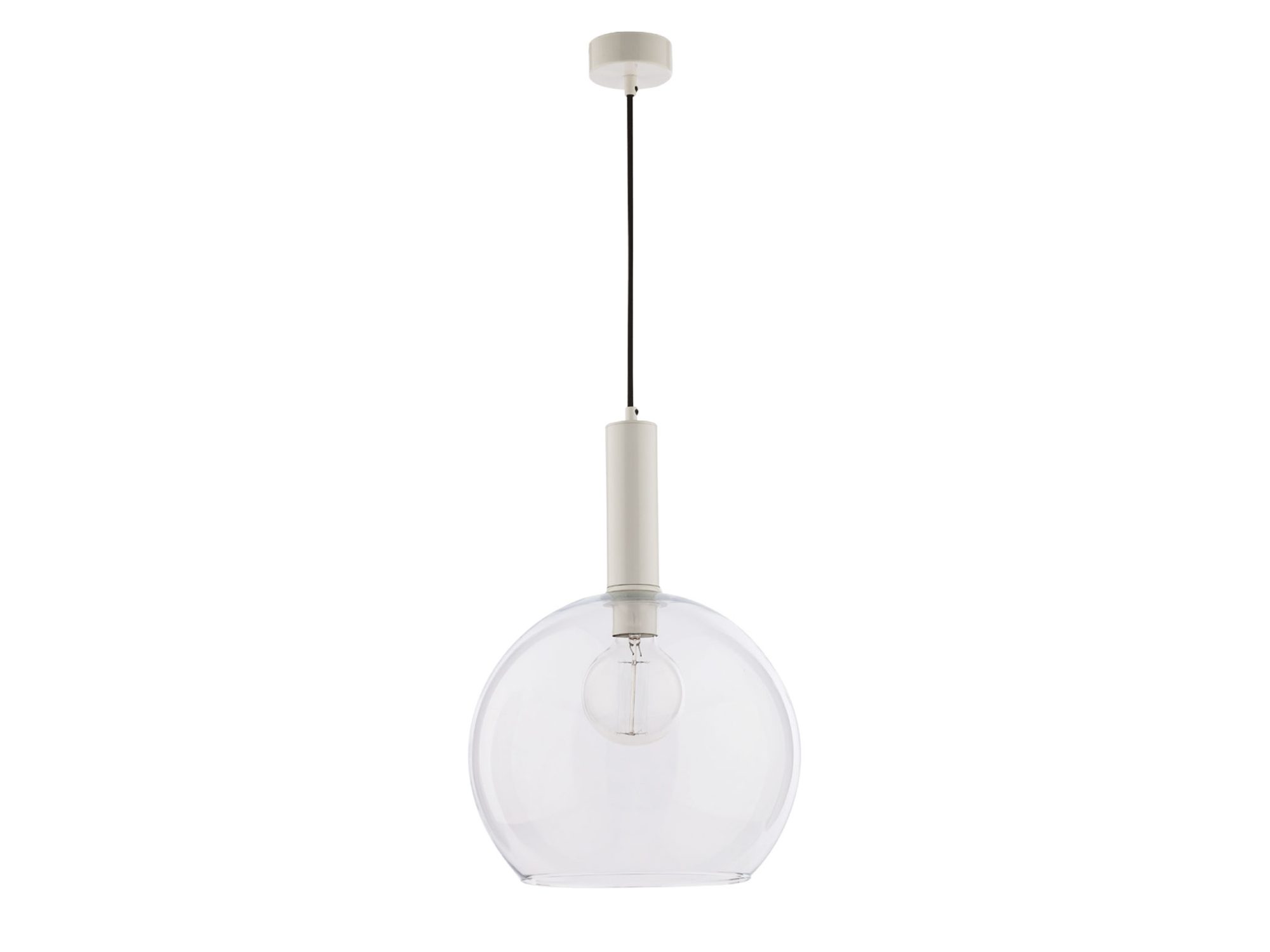 Biała lampa wisząca Laf z przezroczystym kulistym szklanym kloszem