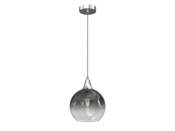 Srebrna lampa wisząca Laralo z przydymionym szklanym kloszem 20 cm na białym tle