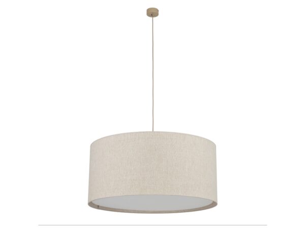 Beżowa lampa wisząca Largo z trzema abażurami na białym tle