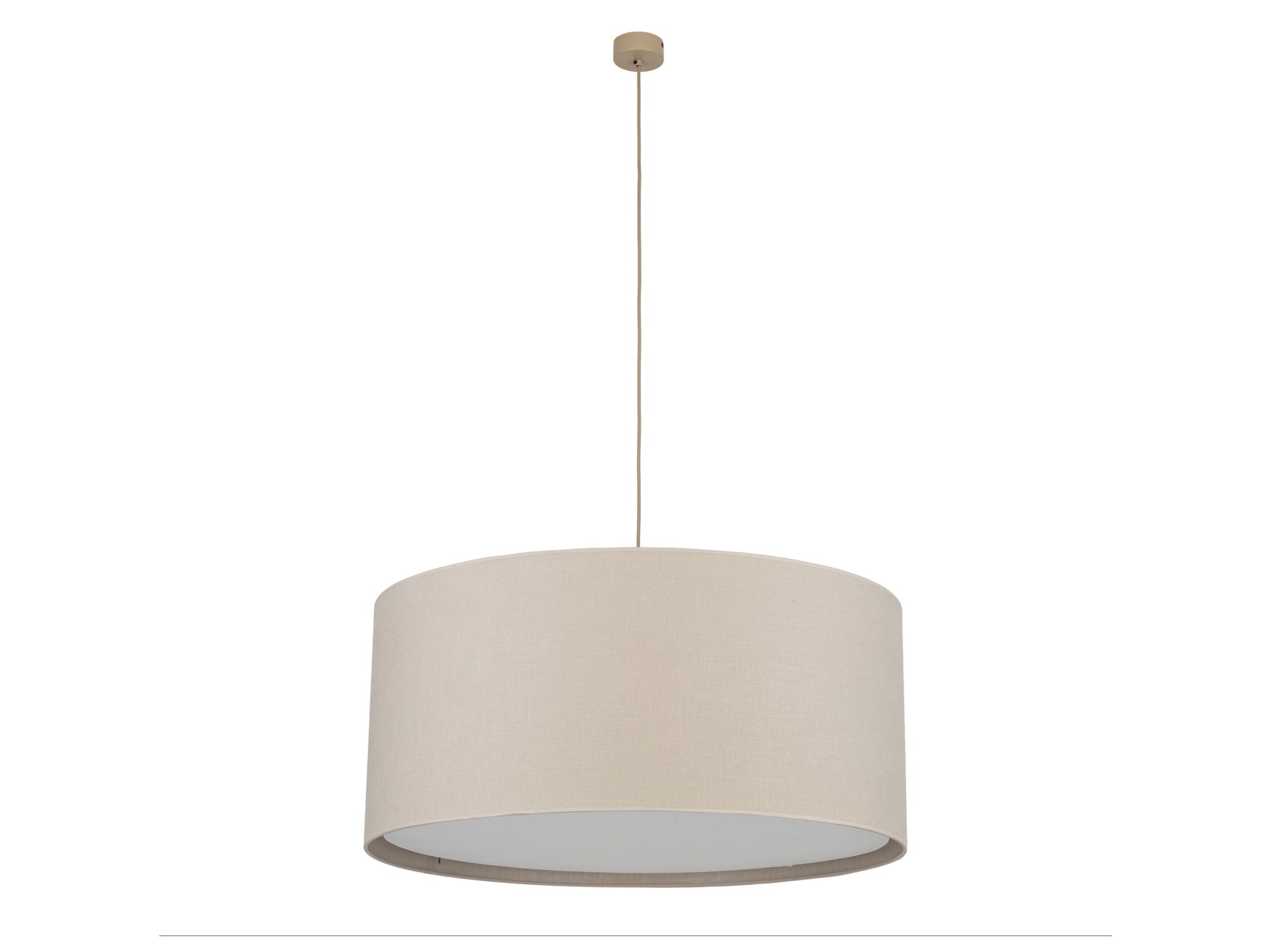 Lampa wisząca Largo z trzema abażurami z naturalnego lnu na białym tle