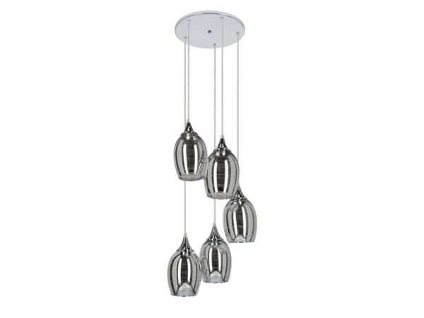 Lampa wisząca Larimano chromowana z pięcioma owalnymi szklanymi kloszami kaskadowo